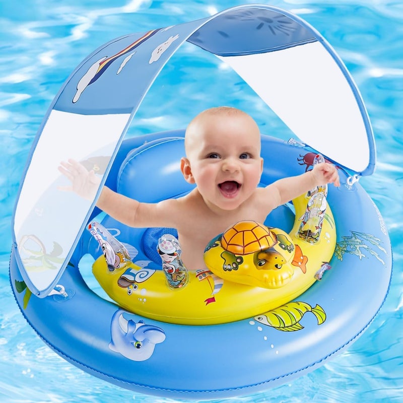 GEEQUFLOAT Baby Pool Float,Extra Wide Infant Pool Float,Baby Floaties 6-12 Months,Toddler Swim Float with Canopy Removable UPF50+ Sun Protection＆Toy Play Console,Adjustable Safety Seat,Toddler Floaties (Blue) - Image 1